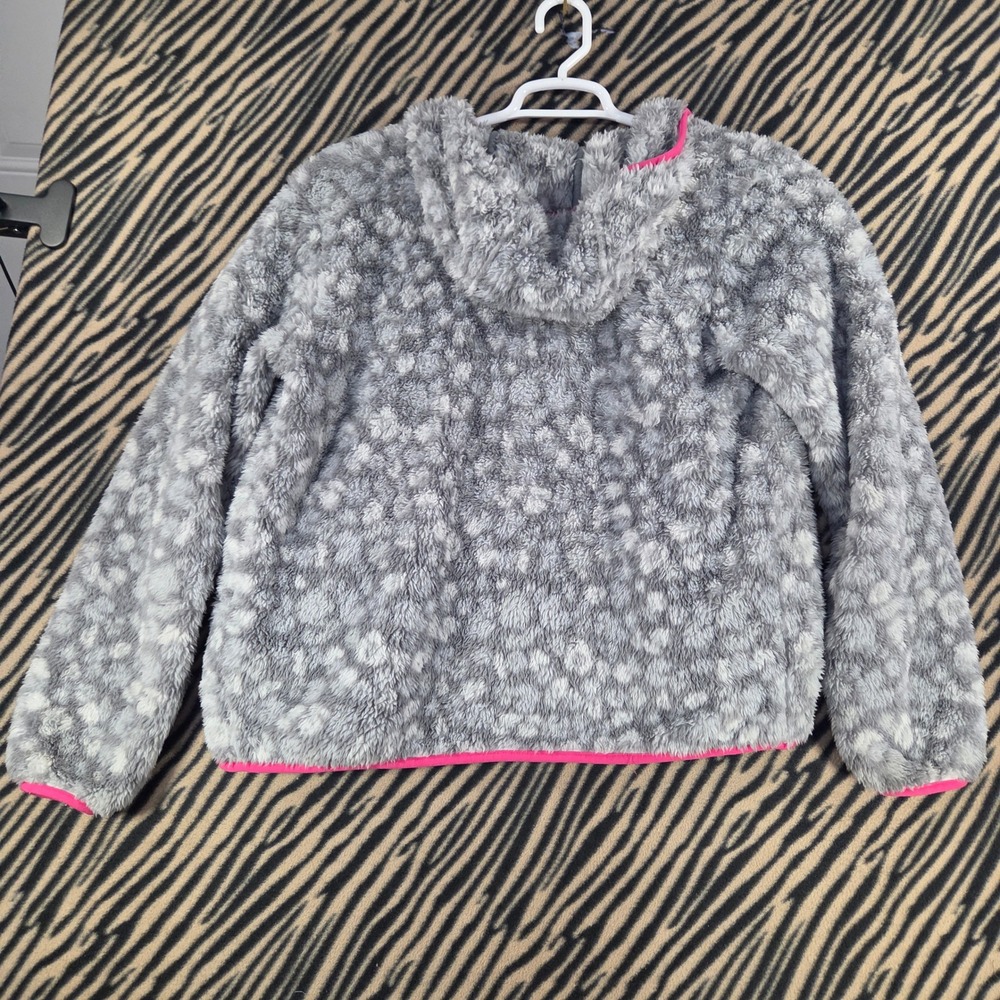 Eddie Bauer Sherpa Fleece Hoodie Gray Leopard Pink Trim Kids Large Womens XS S - Picture 5 of 8